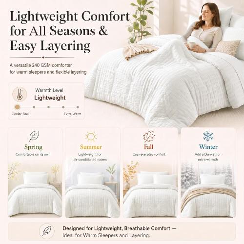 CozyLux King Size Comforter Set, 7 Pieces White Seersucker Bed in a Bag