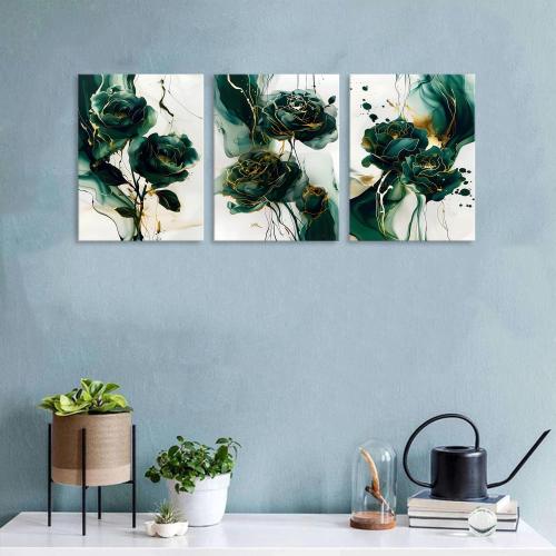 Emerald Green Wall Art for Living Room Green and Gold Marble Wall Decor Abstract Flower Wall Art Modern Botanical Canvas Prints Paintings for Bedroom Office Home Decorations 12x16 3Pcs