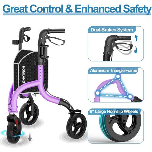 3 Wheel Walkers for Seniors, Foldable Wheeled Rollator with Cane Hold and Cup Hold, Lightweight Three Wheel Rolling Walker Height Adjustable for Seniors