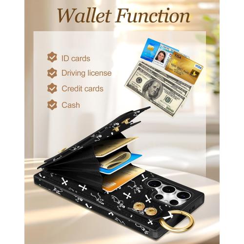 Petitian for Samsung Galaxy S25 Ultra Case with Wallet - Women Girls Cute Girly Aesthetic Unique Design Leather Credit Card Holder Cardholder Stand Wristband for S25 Ultra, Skull