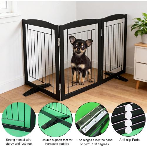 ZJSF Freestanding Dog Fence Indoor, Foldable Dog Gate for Doorways, Stairs or Hallways, Sturdy Wood Extra Wide Pet Gate with Support Feet for The House, Black, 32 Height-3 Panels