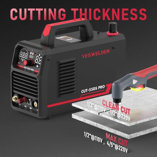 Black and Red YESWELDER 55 Amp Plasma Cutter Non-High Frequency, Large LED Digital Display Non-Touch Pilot Arc, Digital DC Inverter 110/220V Dual Voltage Plasma Cutting Machine CUT-55DS PRO NEW