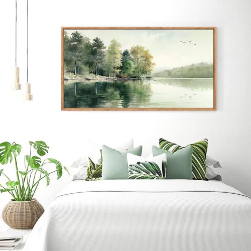 KAIRNE Framed Nature Canvas Wall Art Set,Misty Forest Wall Decor,Green Mountain Forest Pictures,Lake Water Painting set of 1(20”x40”),Landscape Scene Print for Living Room, Bedroom,Gallery Decor