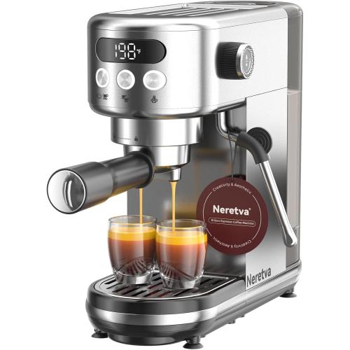 Neretva Espresso Machine 20 Bar, Super Compact Espresso Maker Stainless Steel Professional Coffee Machine Espresso with Power Steam & LED Display for Home Barista Latte and Cappuccino Maker-Silver
