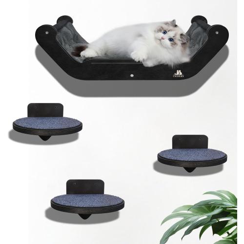 Wooden Cat Wall Shelves with 3 Steps – Space-Saving Wall Mounted Cat Tree Set, Modern Climbing Wall Furniture & DIY Shelves Kit for Small Apartments, Cat Bed for Sleeping, Playing and Climbing