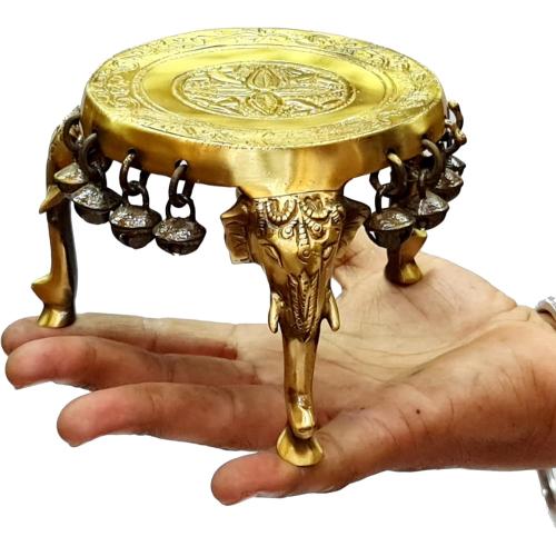eSplanade Brass Round Mandir Chowki | Elephant Pillars Pooja God Stool with Ghungroo