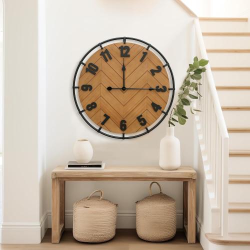 Micasso 27 Inch Large Farmhouse Wall Clock - Silent Non Ticking Rustic Wood & Metal Wall Decor, Oversized Antique Decorative Battery Operated Clock for Living Room, Kitchen, Office, Bedroom