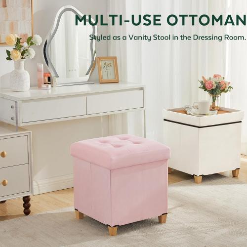 Ottoman with Storage, Square Storage Ottoman for Dorm, Velvet Ottomans with Legs for Living Room, Bedroom, 17.7 D x 17.7 W x 19.9 H, Cream White