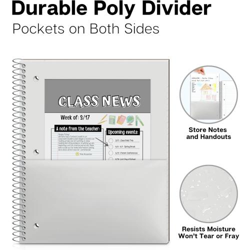 Dunwell 1 Subject Spiral Notebooks, (3-Pack, Red Blue Black) 8x10.5” Paper, Wide Ruled Lines, Plastic Covers, 100 Sheets (200 Pages), 3-Hole Punched Perforated Pages, Divider with Pockets