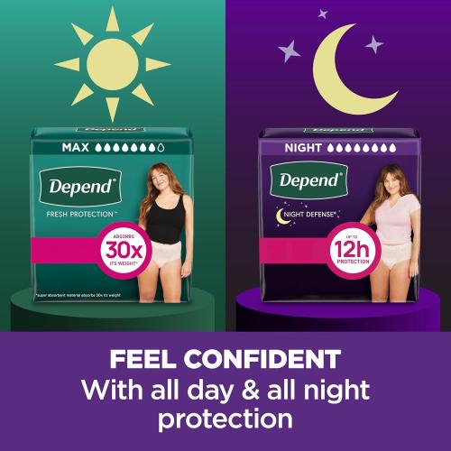 Depend Night Defense Adult Diapers, Incontinence & Postpartum Bladder Leak Underwear for Women, Disposable, Overnight, Medium, Blush, 60 Count (4 Packs of 15), Packaging May Vary
