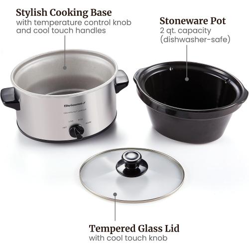 Elite Gourmet MST-275XS Electric Oval Slow Cooker, Adjustable Temp, Entrees, Sauces, Stews & Dips, Dishwasher Safe Glass Lid & Crock (2 Quart, Stainless Steel)