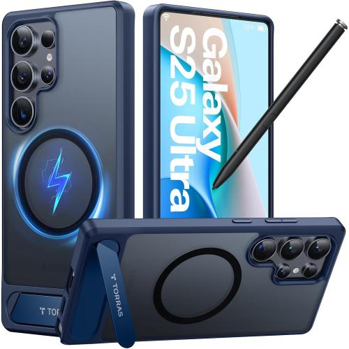 TORRAS Strong Magnetic & Seamless Stand for Samsung Galaxy S25 Ultra Case, Fit for MagSafe, Mil-Grade Drop Protection, Kickstand for Samsung Galaxy S25 Ultra Case, Translucent Back/Blue Edge