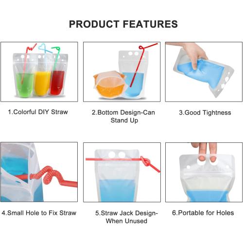 100 Pcs Drink Pouches with 100 Straw Holes, Freezable Juice Pouches, Translucent Reclosable Zipper Plastic Pouche Drink Bags for Cold & Hot Drinks for Adults and Kids