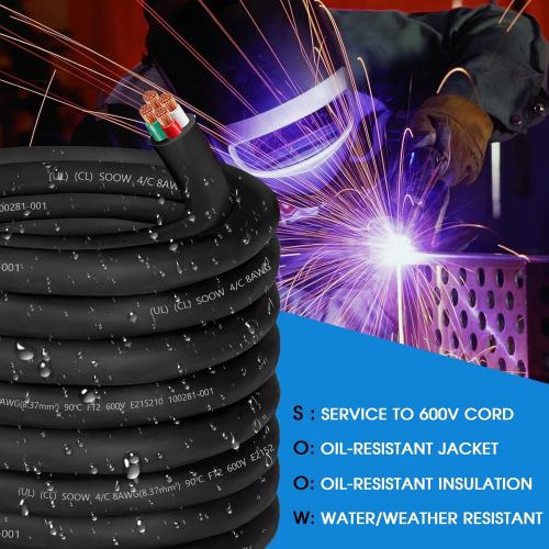 50ft 8/4 Wire 8 AWG SOOW Wire 8 Gauge,8/4 Portable Power Cable 8 Gauge 4 Conductor Electric Cable SOOW Extension Cord for NEMA 14-35amp Generator,Welder,Portable Light,EV Car Charger,Motor Lead