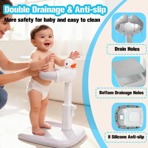 Adjustable Baby Shower Stand Support - Safety & Non-Slip Baby Bath Stand, Toddler Shower Stand for Infants 6-36 Months, Standing Bathtub Max 55 Lbs Capacity, Includes Shower Cap and Stool(Grey)