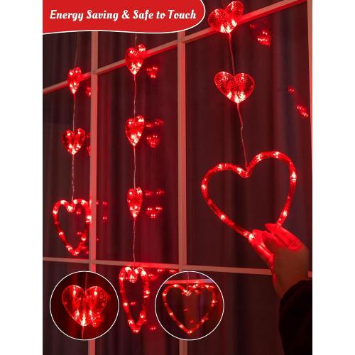 Valentines Day Window Lights, 65 LED 10 Red Heart Lights USB/Battery Operated, Timer Memory with 8 Modes Hanging Valentines Decorations Light for Valentine's Day Anniversary Wedding Decor