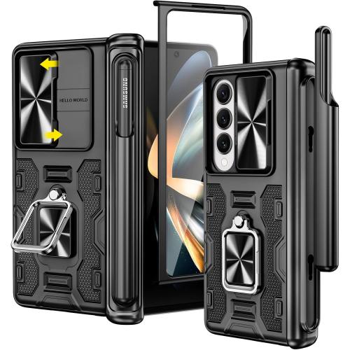 VEGO for Galaxy Z Fold 4 Case, with [S Pen Holder][Hinge Protection][360-degree Rotating Kickstand][Slide Camera Cover][Front HD Screen Protector] Protective Cover for Samsung Z Fold 4 - Black