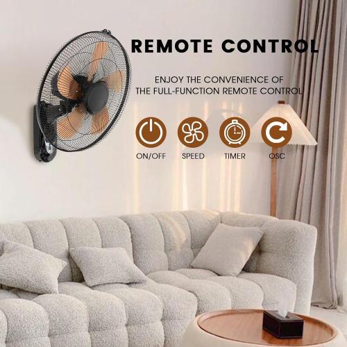 18in Wall Mount Fan with Remote Control Wall Mounted Oscillating Fan with 3 Speed Settings Adjustable Tilt and Timing for Bedroom 16in Metal Fans Blade