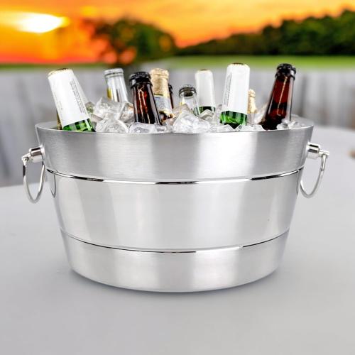 BREKX Stainless Steel Ice Bucket for Parties, Double Wall Insulated Anchored Brushed Drink Tub & Wine Bucket with Double Hinged Handles, Drink Chiller for Parties, 12QT (3 Gallon), 100% Leak Proof