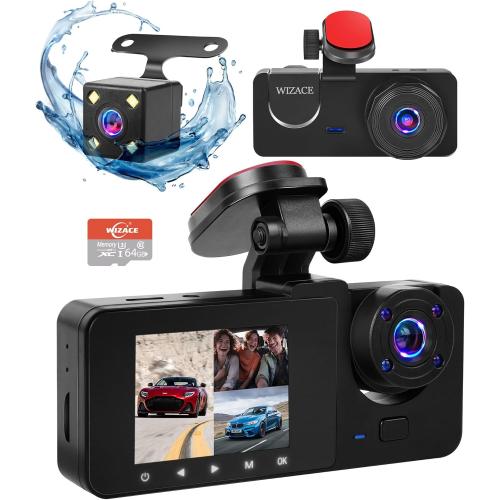 3 Channel Dash Cam Front and Rear Inside with 64GB Card, WIZACE1080P Dash Camera for Cars, Dashcam Three Way Triple Car Camera with IR Night Vision, Loop Recording, G-Sensor, HDR, 24 Hours Recording