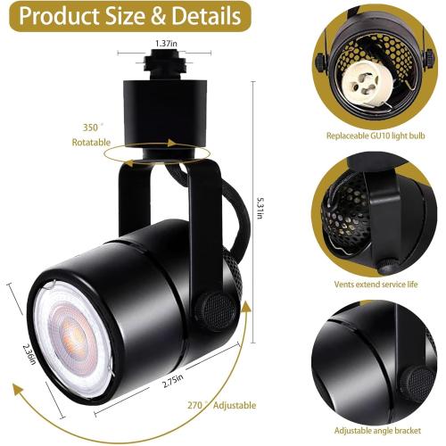 Black Dimmable LED Track Lighting Heads Kit,3CCT 10W Track Lights Heads 3000K/4000K/6000K Adjustable with 6.56FT H-Type Track Light Rails 6PCS Ceiling Spotlight Fixture Replaceable GU10 Bulbs