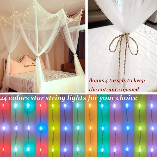 White Bed Canopy with 24 Colors Star Lights for Girls, 8 Corner Princess Canopy Bed Curtains with Color Changing LED String Lights Remote Timer for Adults Women Bedroom, Twin Full Queen King Bed