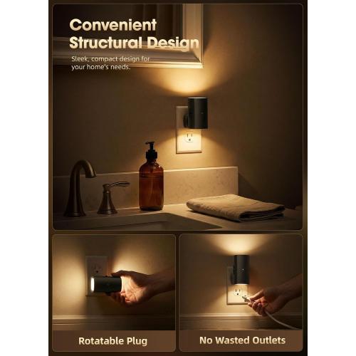 Brightown 2 Pack Black Night Lights with Rotating Plug, Soft White | Modern Night Light with Rotating Plug, Dusk to Dawn Sensor, 0-100LM Stepless Dimming Night Light for Hallway Bedroom Bathroom