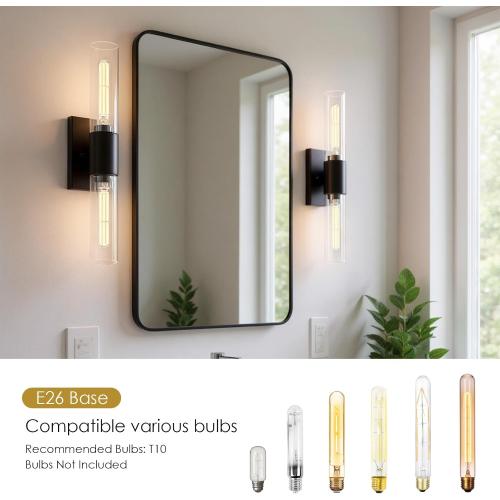 Wall Sconces Set of Two, Black Bathroom Sconces Wall Lighting with Clear Glass Modern Sconces Wall Light Set of 2 Bathroom Light Fixtures Vanity Light for Living Room Bedroom Washroom Hallway