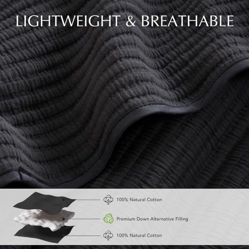 EVERGRACEHOME Cotton Coverlet Set King Size 3 Pieces, Lightweight Soft Ribbed Matelassé Bedspread Quilt Set, Cozy Oversized Quilted Bedding Set with 2 Pillow Shams for All Seasons, Washed Grey/Black