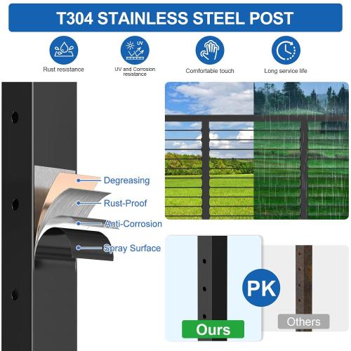 BLACK 4-12ft Complete Set 36 Cable Railing Post Kits, Stainless Steel Black Level Drilled Line Posts(35x2x2)4 Pack, 1/8 Wire Rope with Cutter(No Handrail), Swageless Deck Cable Railing, MY07-LP