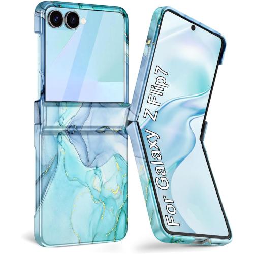 Blue Cyan Btscase for Samsung Galaxy Z Flip 7 Case,Built in Front Screen Protector,Gold Glitter Marble Pattern Hard PC Slim Shockproof Full Body Drop Protective Case for Galaxy Z Flip 7 5G (2025)