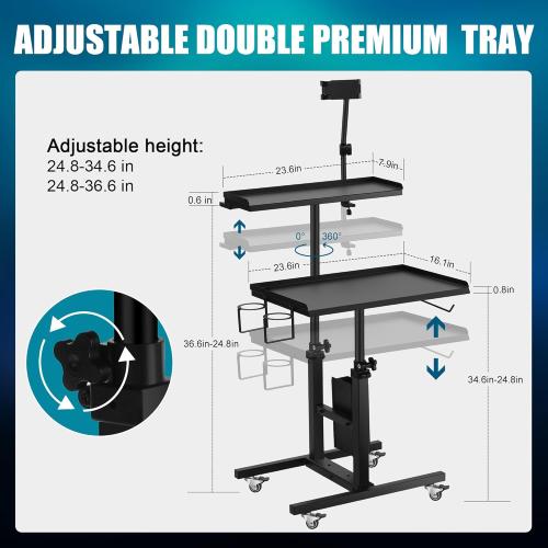 POARMEEY Premium Tattoo Salon Tray Adjustable Double Tier Tattoo Workstation with Wheels for Studio
