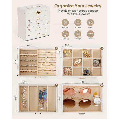 Homde Synthetic Leather Huge Jewelry Box Mirrored Watch Organizer Necklace Ring Earring Storage Lockable Gift Case (White   Gold)