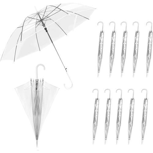 10 Pack Clear Wedding Umbrellas Bulk Transparent Auto Open Close Windproof Waterproof Stick Umbrellas with White J-Hook Handle for Brides, Grooms, Photography & Outdoor Events