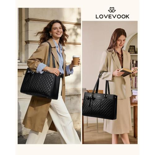 LOVEVOOK Laptop Tote Bag for Women,15.6 Inch Work Bags PU Leather Teacher Tote Bag,Waterproof Quilted Computer Bag for Office Professional Briefcase Gifts