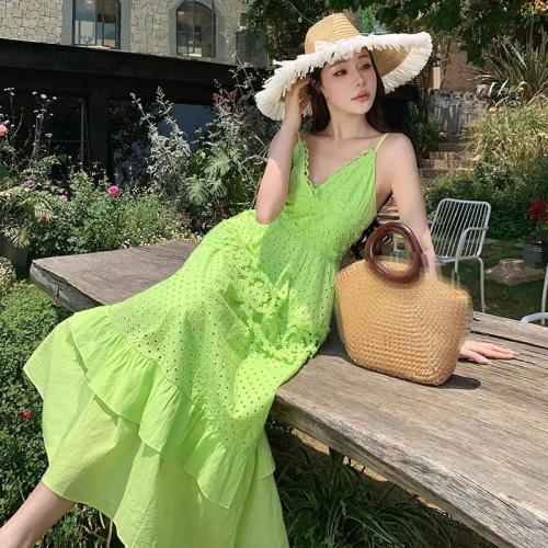 Size L/XL..SUNFERE.  .. Women's Vintage Hollowed Out Backless Holiday Slip Long Dress V-Neck Ruffle Lace Cake Party Dress
