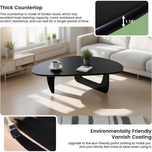 Solid Wooden Modern Triangle Coffee Table: Unique Funky Coffee Tables for Living Room, Oval Mid-Century Irregular Abstract Tea Tables for Patio Office Balcony Bedroom (Black, 43 L x 31 W x 16 H)