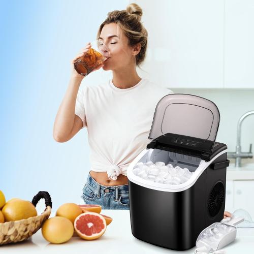R.W.FLAME Ice Makers Countertop with Handle,26.5Lbs/24H,9 Cubes in 6 Mins,Portable Ice Maker Machine with Self-Cleaning,Ice Basket and Scoop,Perfect for Home, Kitchen, Bar, Camping(Black)