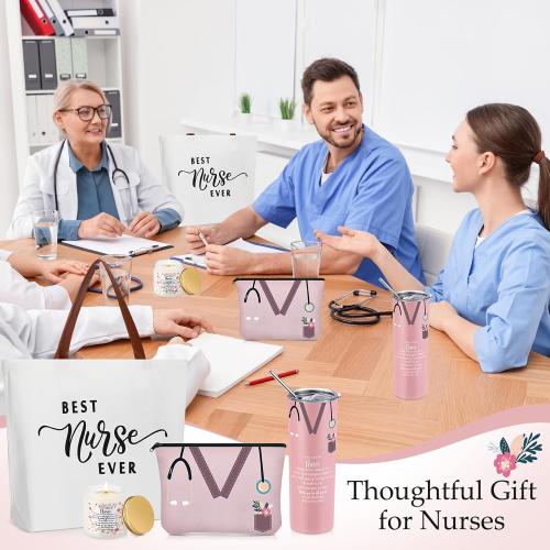 Skylety 4 Pcs Nurse Gifts for Women Rn Lpn Practitioner, Gift for Christmas, Retirement, Birthday, Graduation, Appreciation Nursing Student with 20oz Tumbler Tote Bag Makeup Bag Scented Candle(Pink)