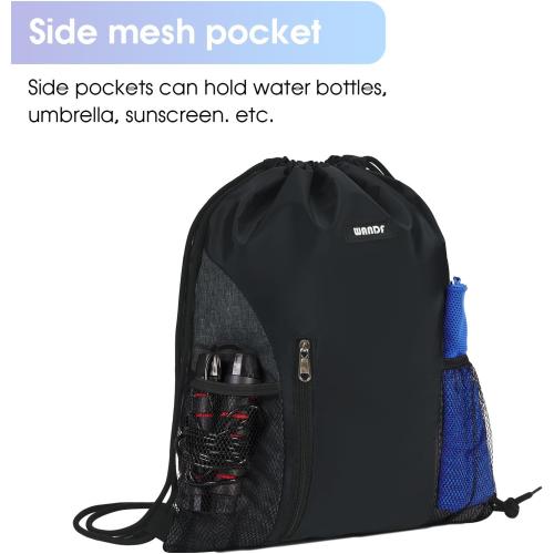 WANDF Drawstring Backpack Sports Gym Sackpack with Mesh Pockets Water Resistant String Bag for Women Men(Black)