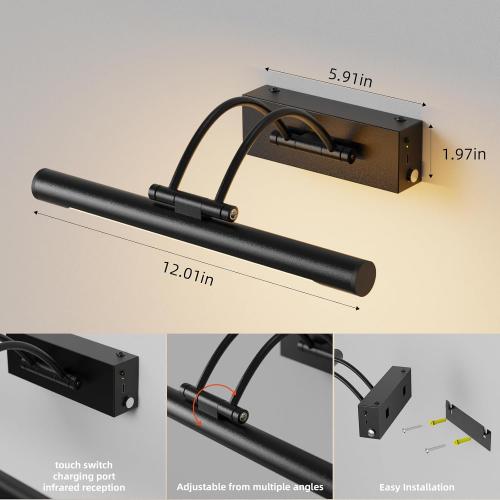 Picture Light,Wireless Rechargeable Gallery Light with Remote,5000mAh Dimmable Painting Rechargeable Picture Lights for Wall,12 inch Metal Picture Lights for Art,Paintings,Mirror,Black