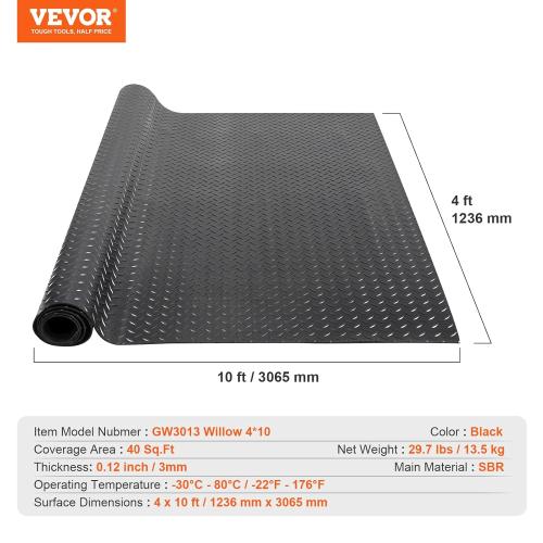 VEVOR Diamond-Plate Rubber Flooring Roll, 3 mm x 4 ft x 10 ft Garage Floor Mat, SBR, Easy to Clean, Diamond Plate Rubber Mat for Under Cars, Garage Industry Gym, Black