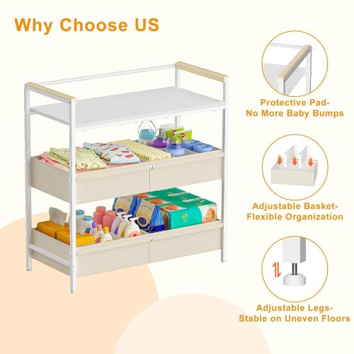 Cidaziya Baby Changing Table with Safety Bumper, Sturdy Diaper Change Station with Adjustable Devider in Large Storage Bin, Nursery Dresser for for Cloth Change, Baby Furniture Diaper Organizer,White
