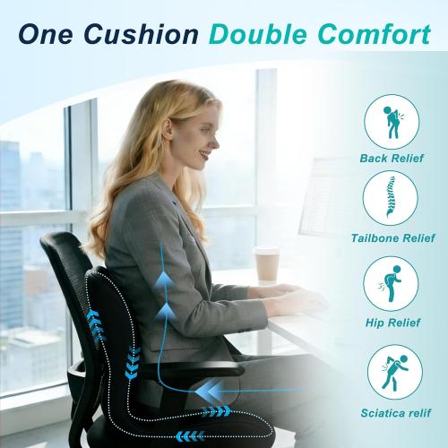 Seat Cushion for Office Chair and Car, Lumbar Support Pillow for Office Chair, Memory Foam Ergonomic Seat Cushion for Long Sitting, Back & Tailbone Pain, Sciatica - Black