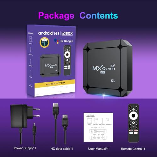 MXQ Pro 5G Android 14.0 TV Box 2025 Upgraded Ram 2GB ROM 16GB Dual Band 2.4G/5.8GHz WiFi6 BT5.0 4K AV1 USB 3.0 Ultra HD Voice Control Smart Home Player