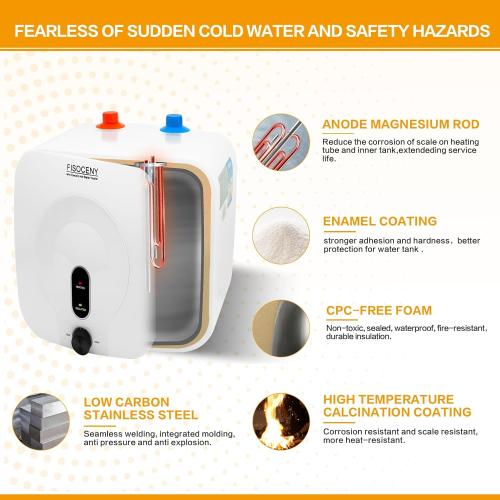 2.5 Gallon Mini Tank Water Heater Under Sink Hot Water 1500W 120V Water Heaters for RV Kitchen RV 1/2”NPT Stainless Steel Hose 3-way Fitting White