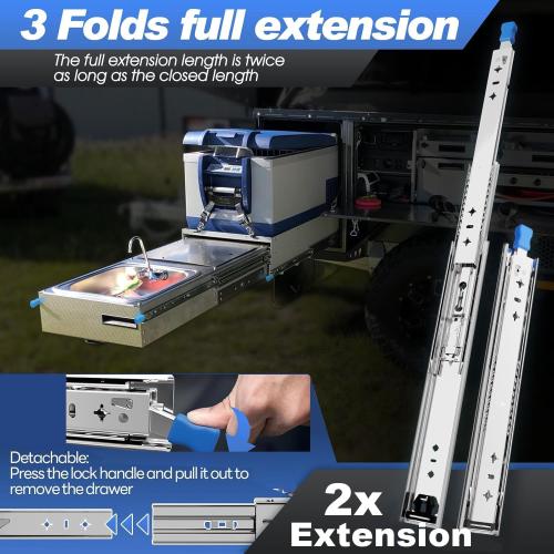 Heavy Duty Drawer Slides with Lock 32 Inch,3-Fold Full Extension Locking Drawer Slides 250 lbs Load Capacity Side Mount Ball Bearing Industrial Locking Rail 1 Pair(W:53mm, 32)