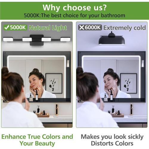 4 Light Acrylic Bathroom Light Fixtures, Modern Black Bathroom Vanity Light, Matte Black Wall Lighting Fixtures Over Mirror, Adjustable LED Vanity Light (White Light 5500K)