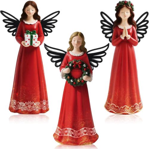 3 Pcs Christmas Angel Figurine Wooden Angel Statues Figurine Christmas Sculpted Wings with Wreath Table Decoration for Xmas Gifts Home Office Decor Party Supplies