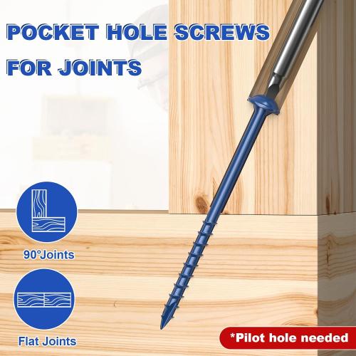 #8 Pocket Hole Screws 2-1/2 Inch, 320Pcs Coarse Thread Wood Screws, Square Drive, Washer Head, 4-Layer Coating, Drive Bit Included (Blue)